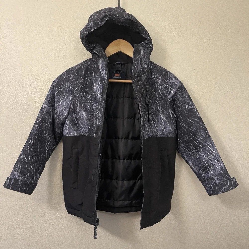 Children's Place Hooded Fall Winter Jacket Colorblock Black Gray Pattern S /5-6